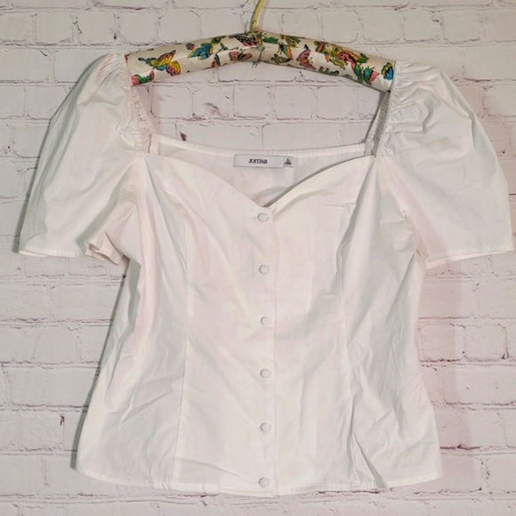 🆕️NWT JustFab White Babydoll Button Front Plunge Top Tee Shirt Womens Size L - Picture 5 of 17